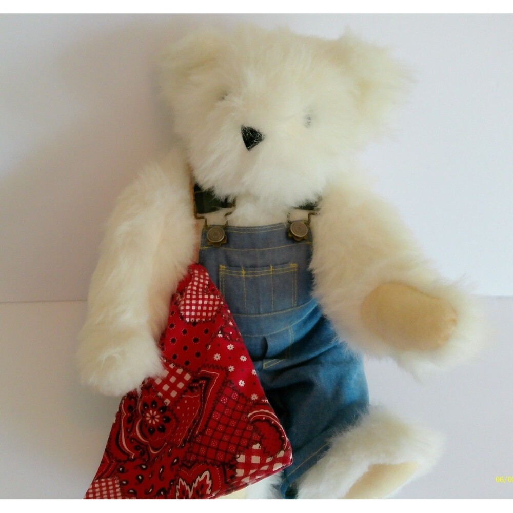 Vintage Vermont Teddy Bear White Plush Bear Overalls Red Bandana Stuffed Animal